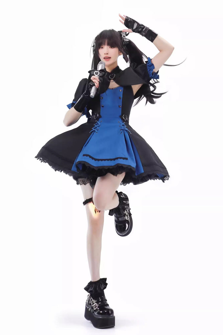 Black/Blue Night Liana Ruffle Bowknot Lace-Up Sweet Japanese Lolita Jumper Dress Set