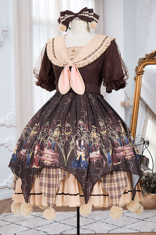 Brown Alchemist Cartoon Anime Print Doll Collar Bowknot Short Sleeves Multi-Layer Pompom Sweet Lolita OP Dress