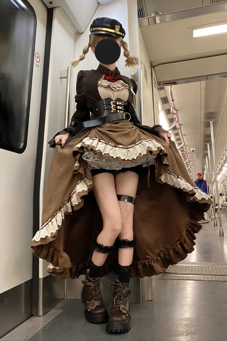 Brown Ruffle Irregular Handsome Punk Lolita Dress Set