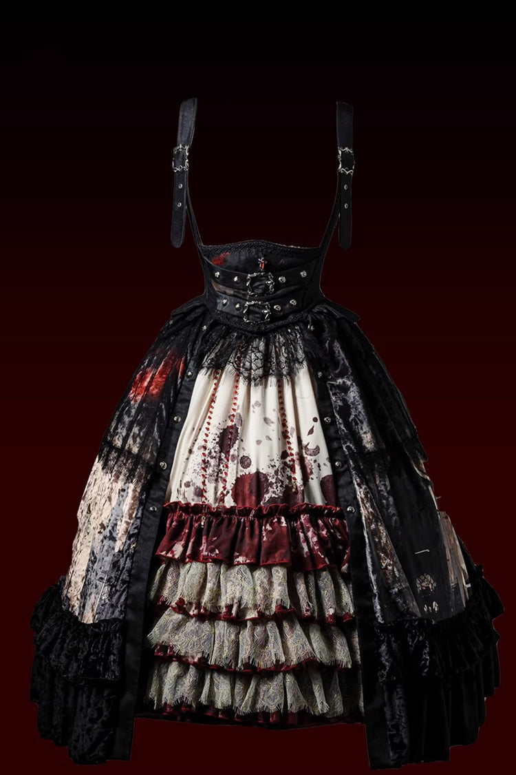 Heretical Nun Sleeveless Multi-Layered Printed Ruffled Open-Front Gothic Plus Size Lolita Strap Dress Short Version 2 Colors