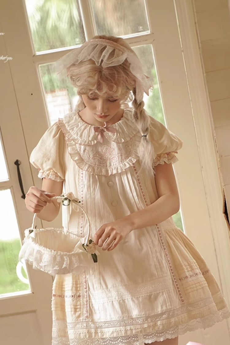 Light Yellow Doll Collar Short Sleeves Little Angel Print Bowknot Lace Sweet Lolita Dress