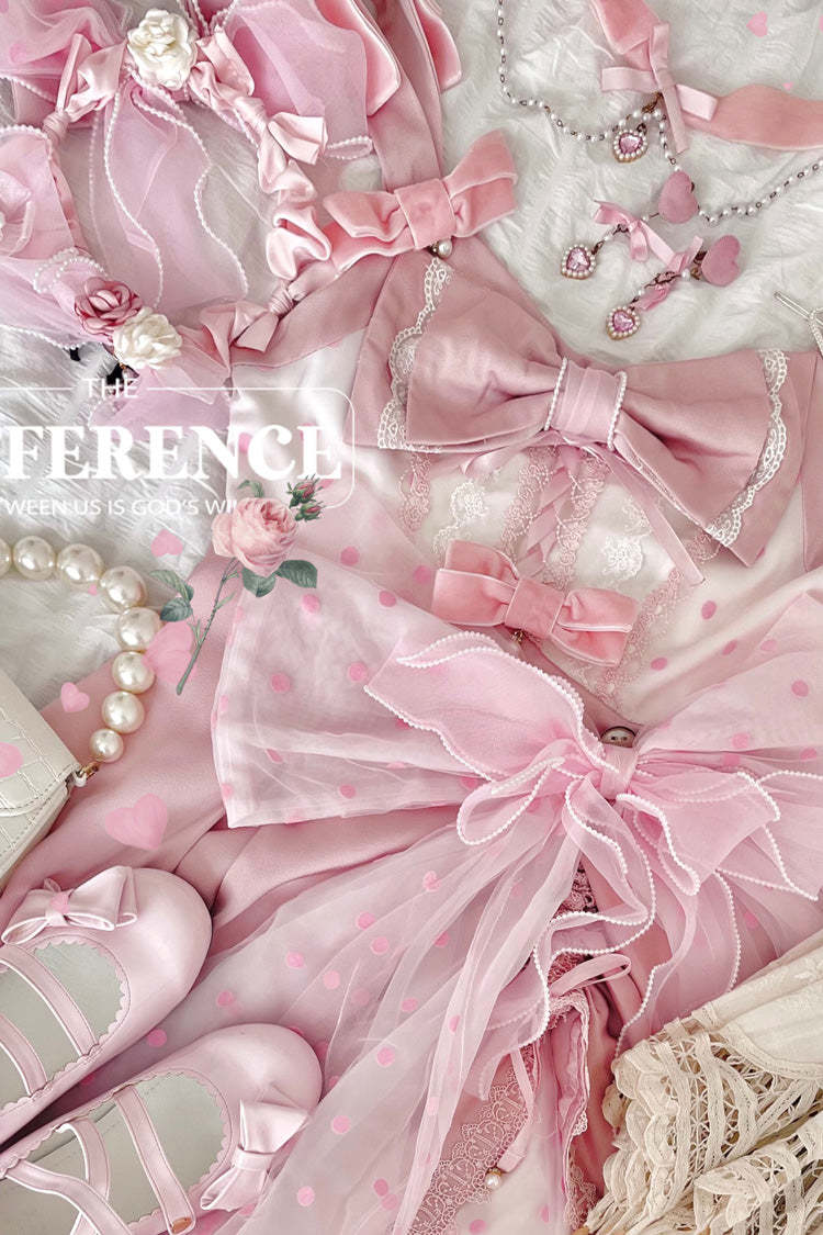Pink Polka Waltz Sleeveless Print Bowknot Stitching Lace Sweet Lolita Jsk Dress