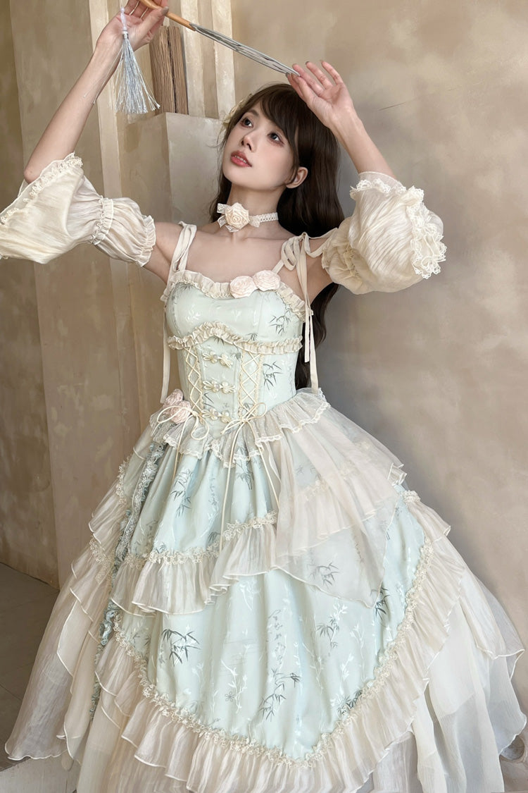 Green Tea Bamboo Song Sleeveless Jacquard Ruffle Bowknot Lace Irregular Sweet Chinese Style Ballet Lolita Jsk Dress Long Version Set