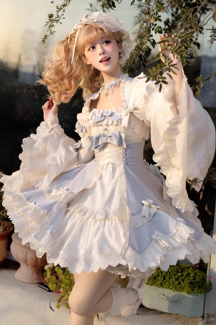 Blue Letter Paper Sleeveless Double-Layered Printed Ruffled Open-Front Bow Lace-Up Sweet Lolita Jsk Dress (Short Version)