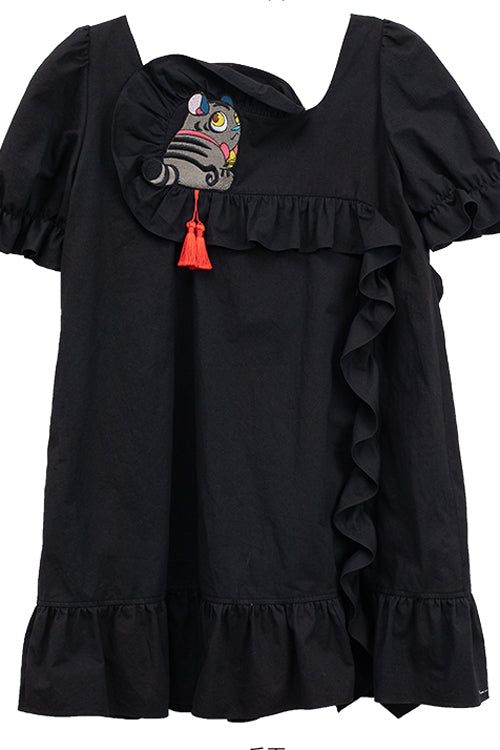 Black Ruffled Square Collar Cute Tiger Embroidered Bubble Short Sleeves High Waisted Sweet Lolita Dress