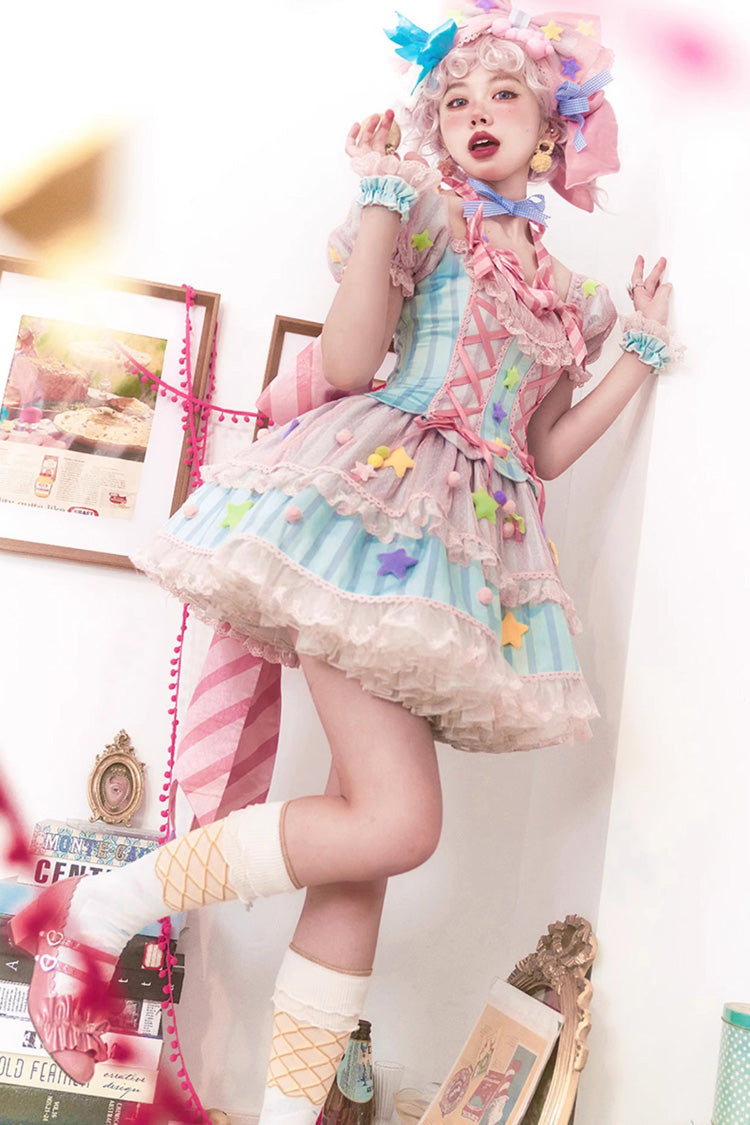 Pink Sugar Magic Print Ruffle Bowknot Lace Lace-Up Sweet Lolita Dress