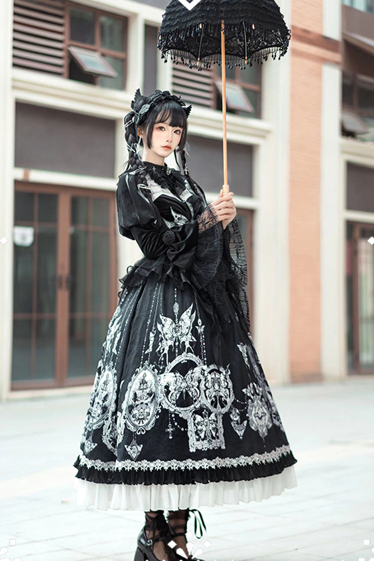 Black Feast of Bones Print Ruffle Bowknot Lace Gothic Elegant Lolita Long Dress