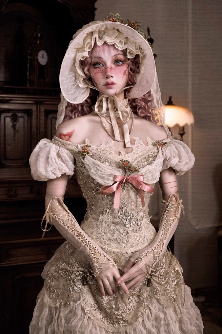 Light Brown Cupid's Poetry Box Boat Neck Short Puff Sleeves Ruffled Cut-Out Embroidered Bow Lace Gothic Elegant Lolita Skirt Dress and Top Set