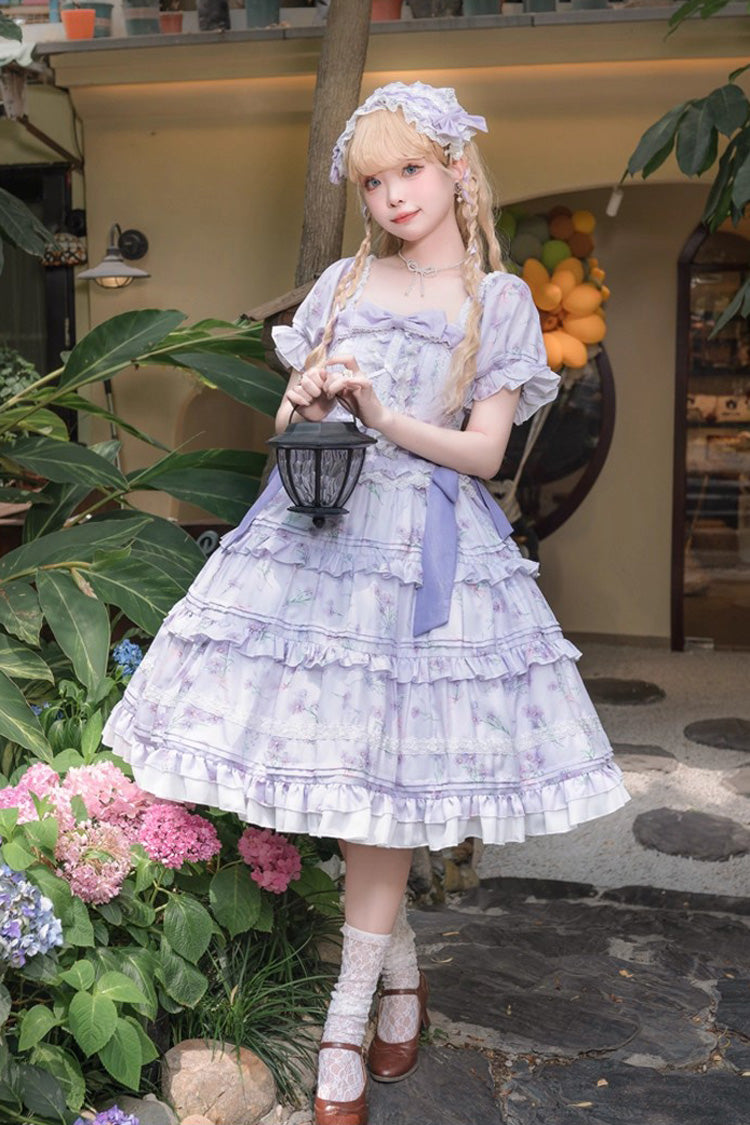 Sweet Square Collar Short Sleeves Triple-Layered Print Ruffle Bowknot Lace-Up Elegant Lolita Dress 2 Colors