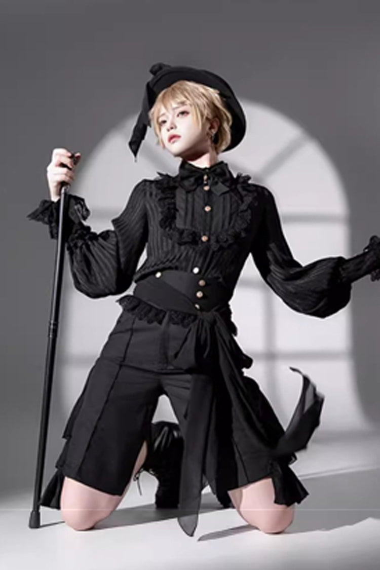 Black Eternal City Long Sleeves Lace Gothic Prince Medieval Ouji Lolita Blouse Knee-Length Shorts Set