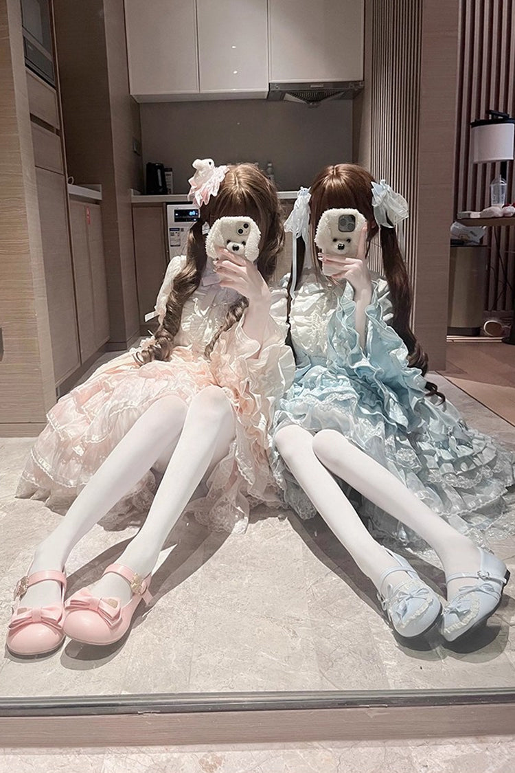 Pink The Soloist Doll Long Hime Sleeves Multi-Layered Print Ruffle Bowknot Asymmetric Sweet Lolita Dress