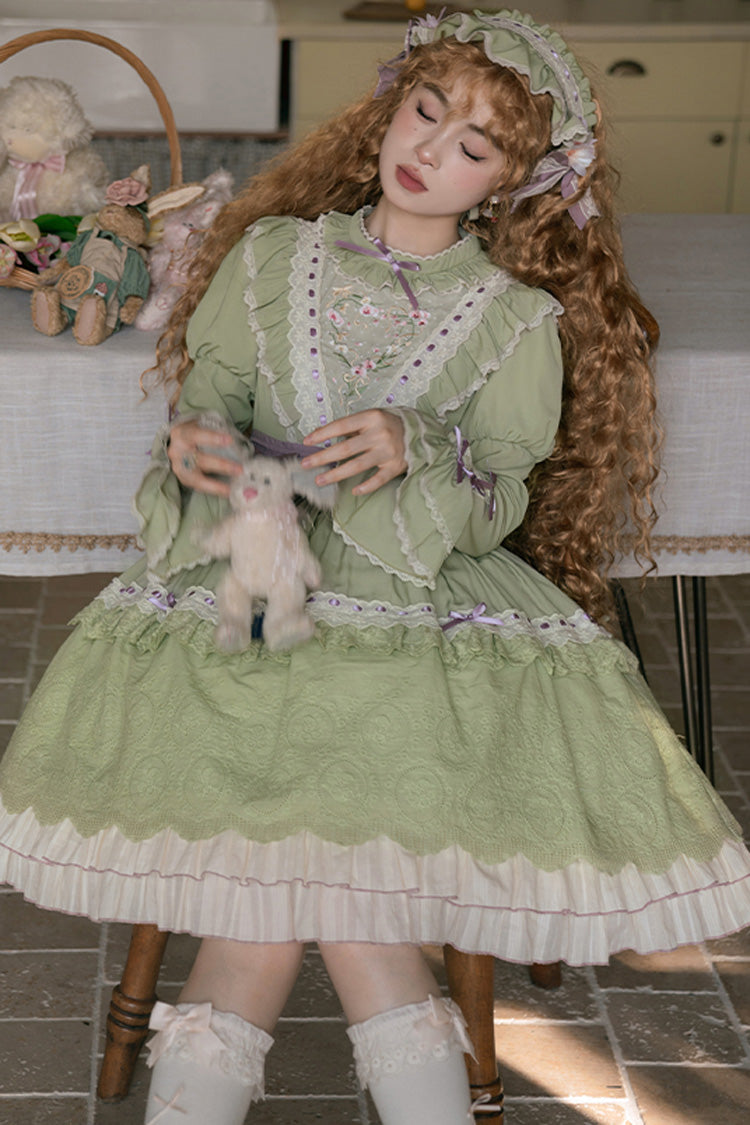 Green Solitary Orchid In Quiet Valley Long Sleeves Multi-Layered Embroidery Bowknot Sweet Lolita Dress