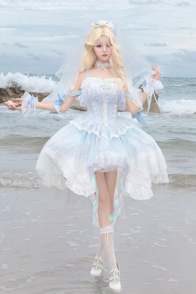 Sea Blue Mermaid's Tears Sleeveless Ombre Printed Hanayome Pearl-Decorated Sweet Lolita Jsk Dress Set