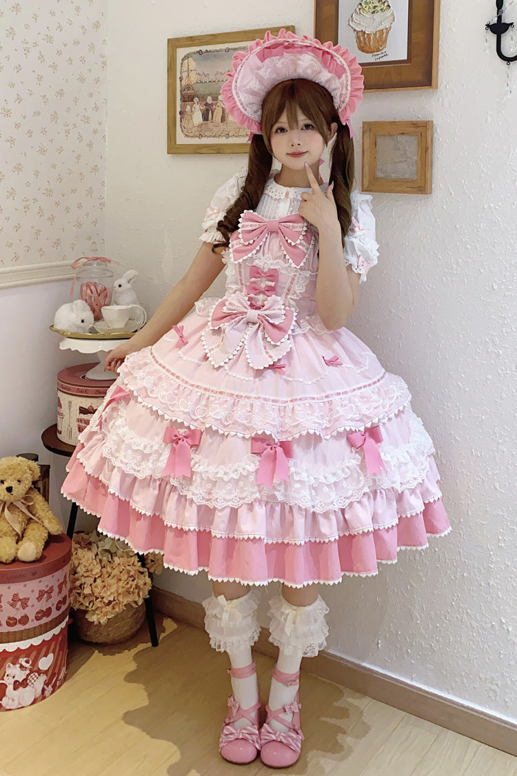 Pink Fondant Cake Sleeveless Multi-Layered Ruffle Bowknot Lace Sweet Lolita Jsk Dress
