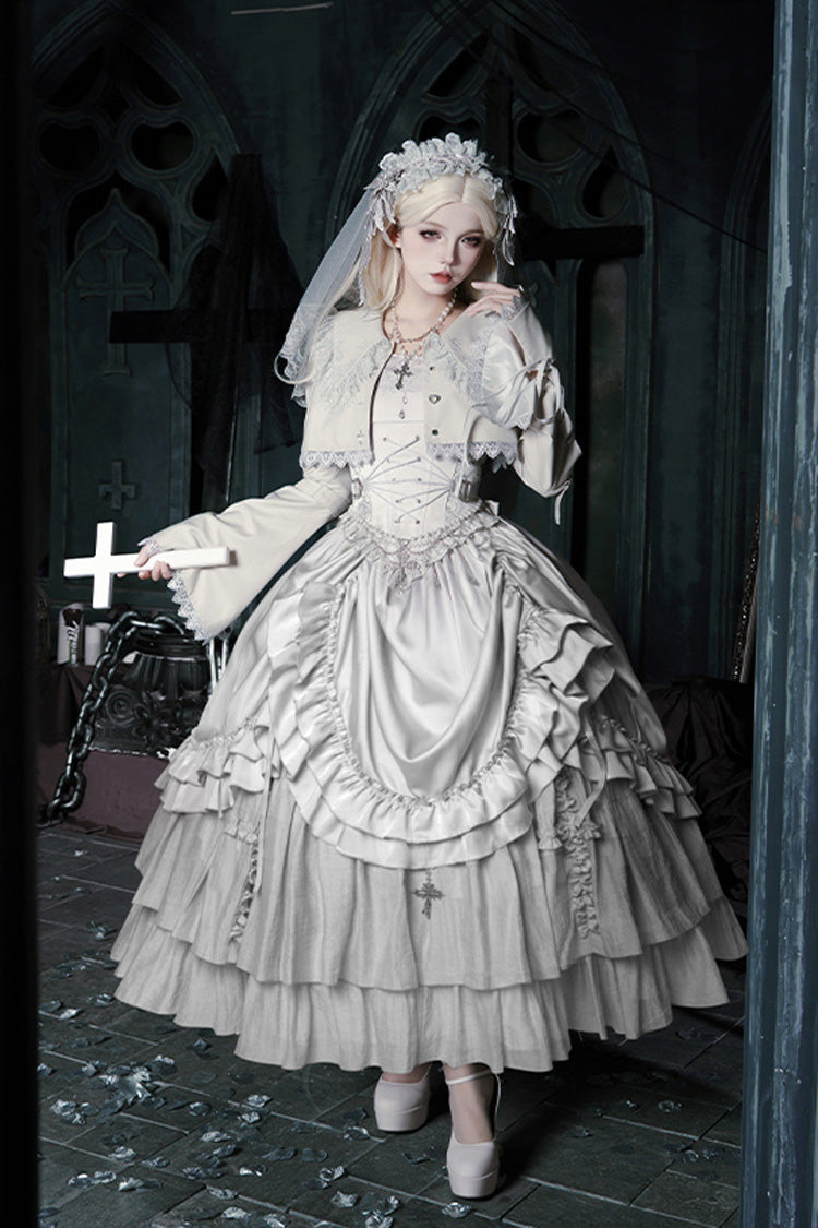 Solid Color Bionic Doll Square Collar Multi-Layered Ruffle Bowknot Lace-Up Gothic Lolita Long Skirt Corset Set