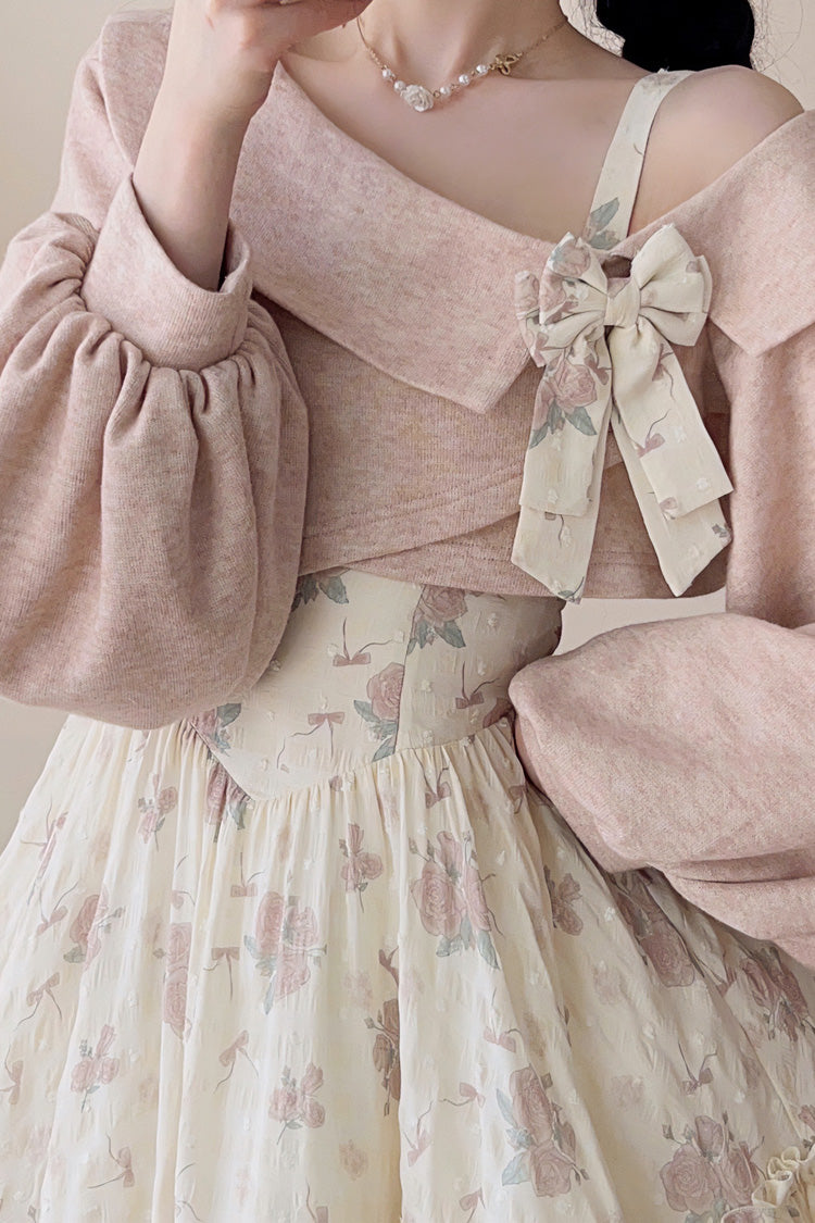Pink Oblique Shoulder Print Ruffle Bowknot Lace Sweet Lolita Jsk Dress Set
