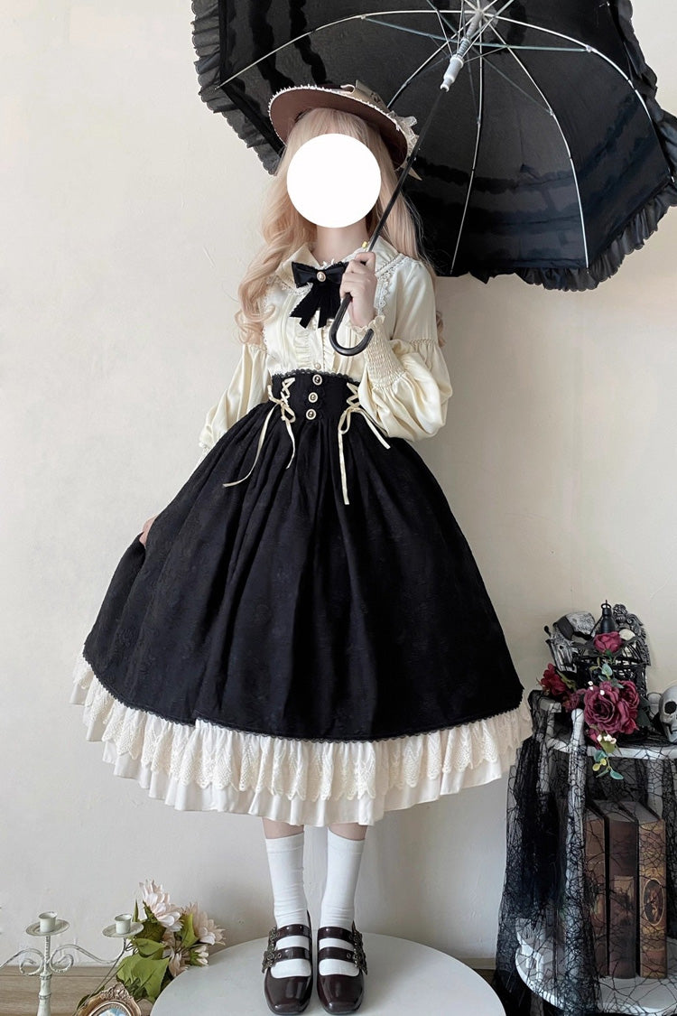 Black Heart of Rose High Waisted Ruffle Embroidery Lace-Up Sweet Vintage Elegant Palace Lolita Skirt