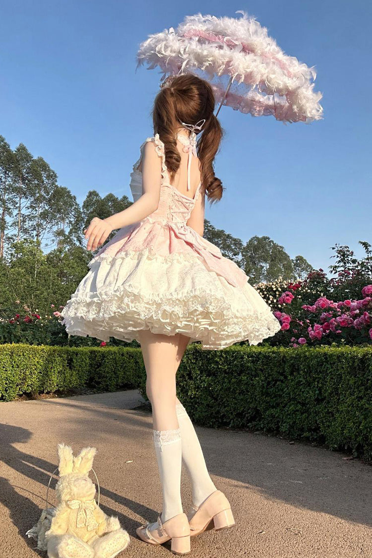 Pink Leiffu Sleeveless Ruffle Bowknot Lace Lace-Up Sweet Ballet Lolita Jsk Dress