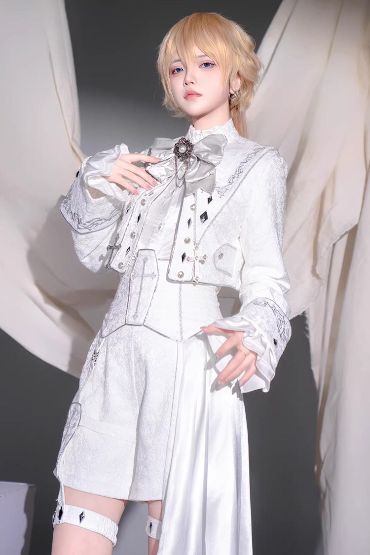 White Silver-White Sacred Pact Bow Asymmetric Gothic Prince Palace Ouji Lolita Shorts Coat Four-Piece Set