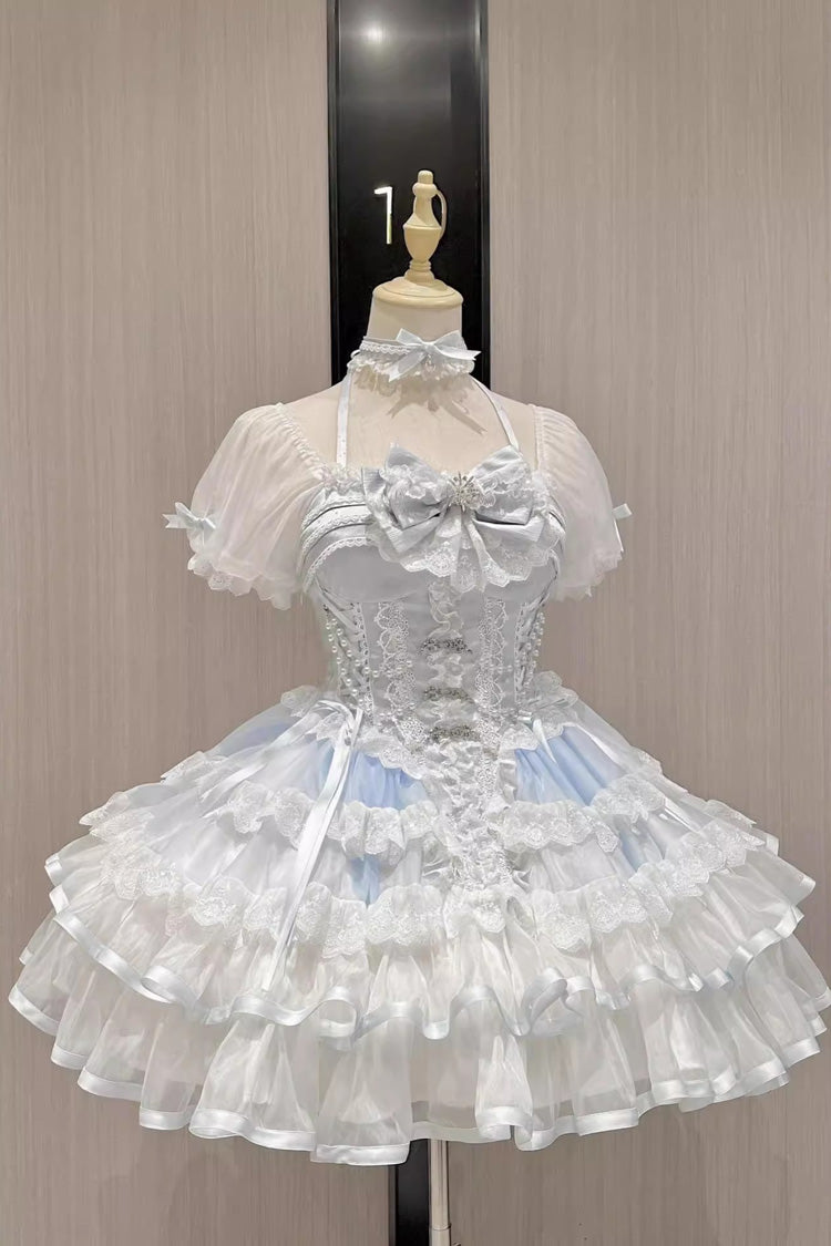 White/Blue Ice Dance Halterneck Multi-Layered Bowknot Lace Sweet Ballet Lolita Dress