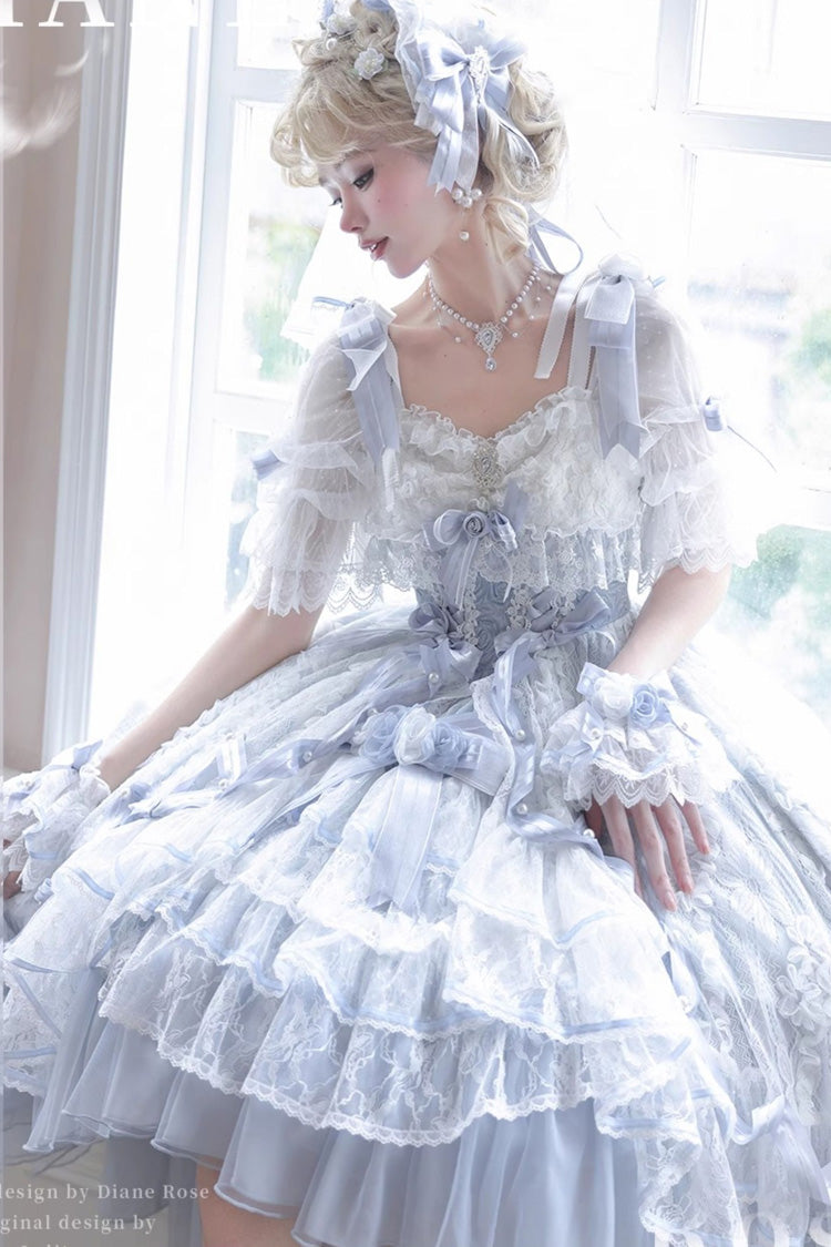 Blue Diane Rose Short Sleeves Multi-Layered Jacquard Ruffle Hanayome Cardigan Bowknot Lace Sweet Lolita Dress