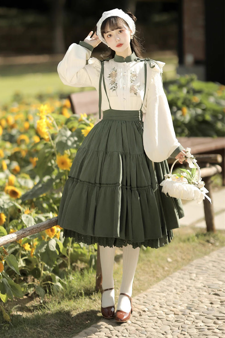 White/Green Country Style Midsummer Sunflower Sweet Lolita Skirt Two-Piece Set