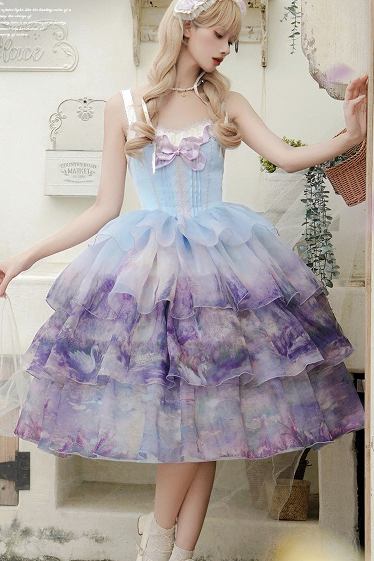 Multi-Color Three-layer Swan Lake Print Oil Painting Ruffle Bowknot Sweet Lolita Jsk Dress