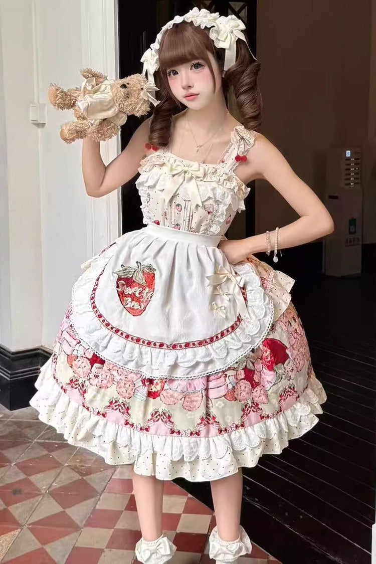Ivory Strawberry Bear Sleeveless Double-Layered Print Ruffle Bowknot Sweet Princess Lolita Jsk Dress