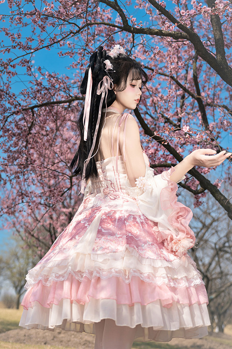 Pink Flower Feast Multi-Layered Print Ruffle Bowknot Sweet Chinese Style Lolita Jsk Dress