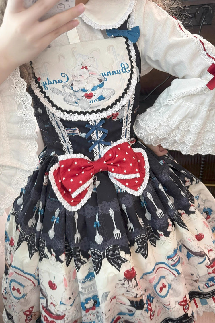 Black Mystery Rabbit Tea Party Sleeveless Print Ruffle Bowknot Lace Sweet Lolita Jsk Dress