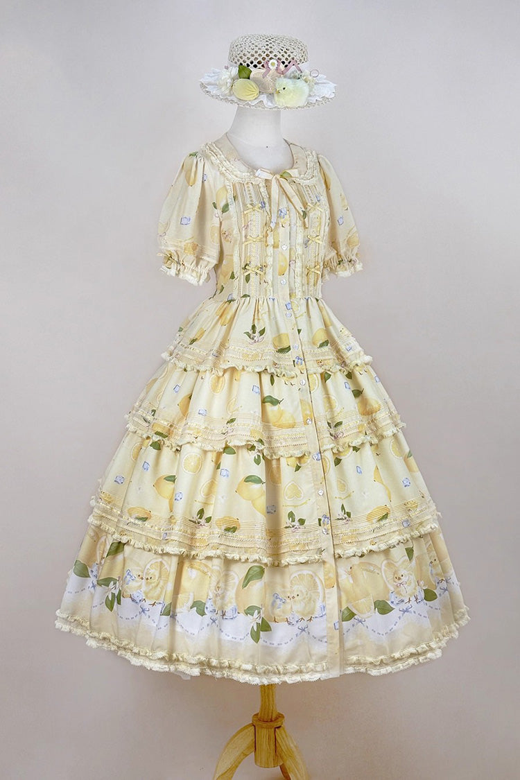 Yellow Lemon Chicken Short Sleeves Triple-Layered Print Ruffle Bowknot Lace Sweet Gorgeous Lolita Dress