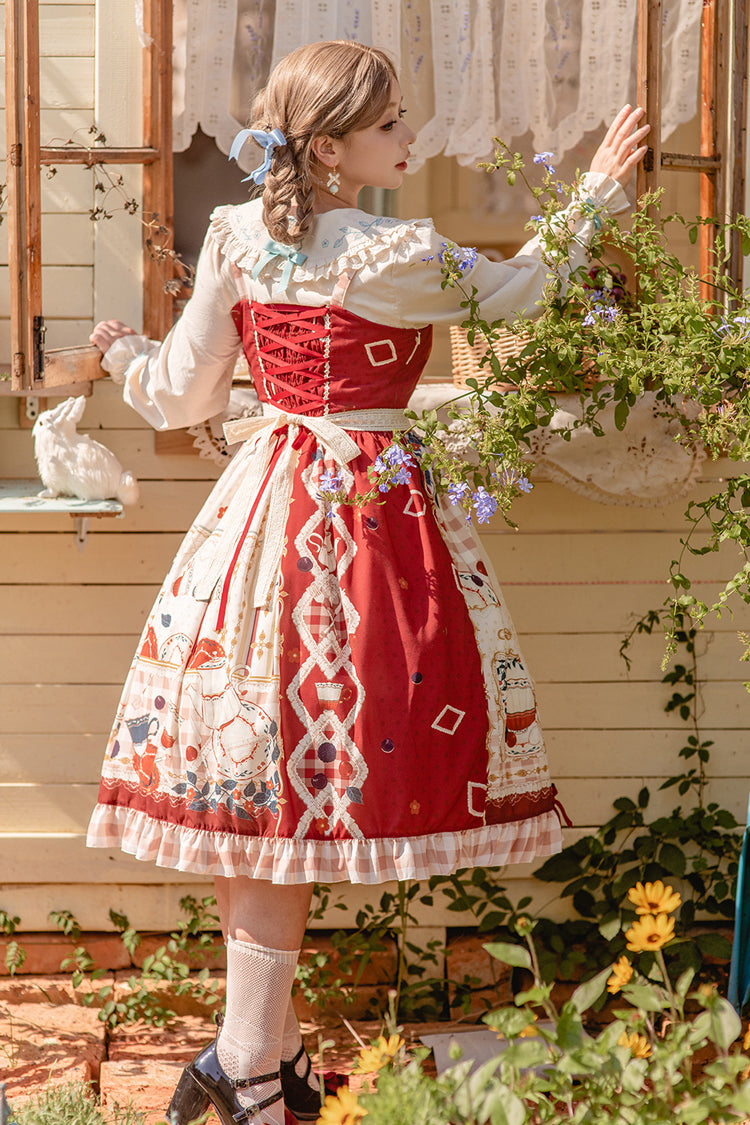 Red Tea Party Print Ruffle Bowknot Lace Sweet Elegant Lolita Jsk Dress