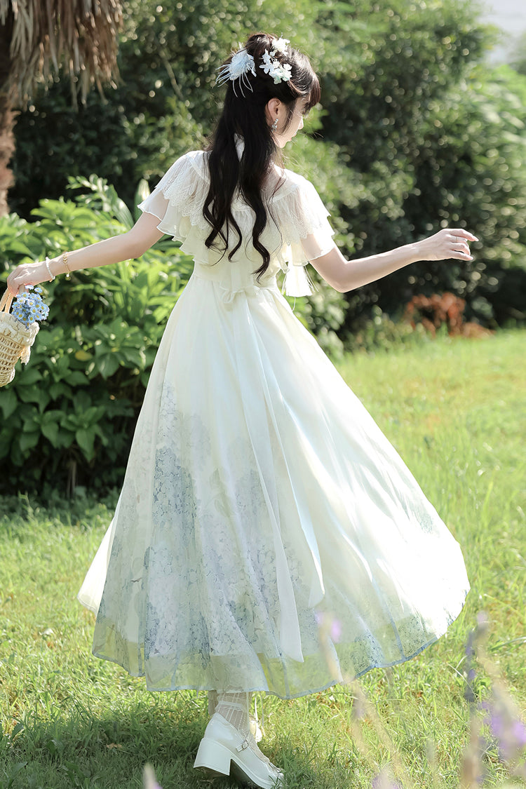 White Hydrangea Message Short Sleeves Print Ruffle Lace Sweet Chinese Style Elegant Lolita Dress