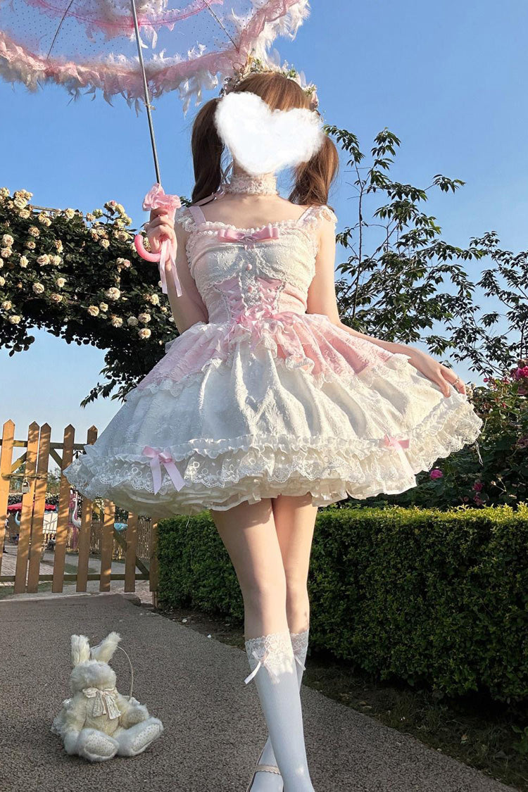 Pink Leiffu Sleeveless Ruffle Bowknot Lace Lace-Up Sweet Ballet Lolita Jsk Dress