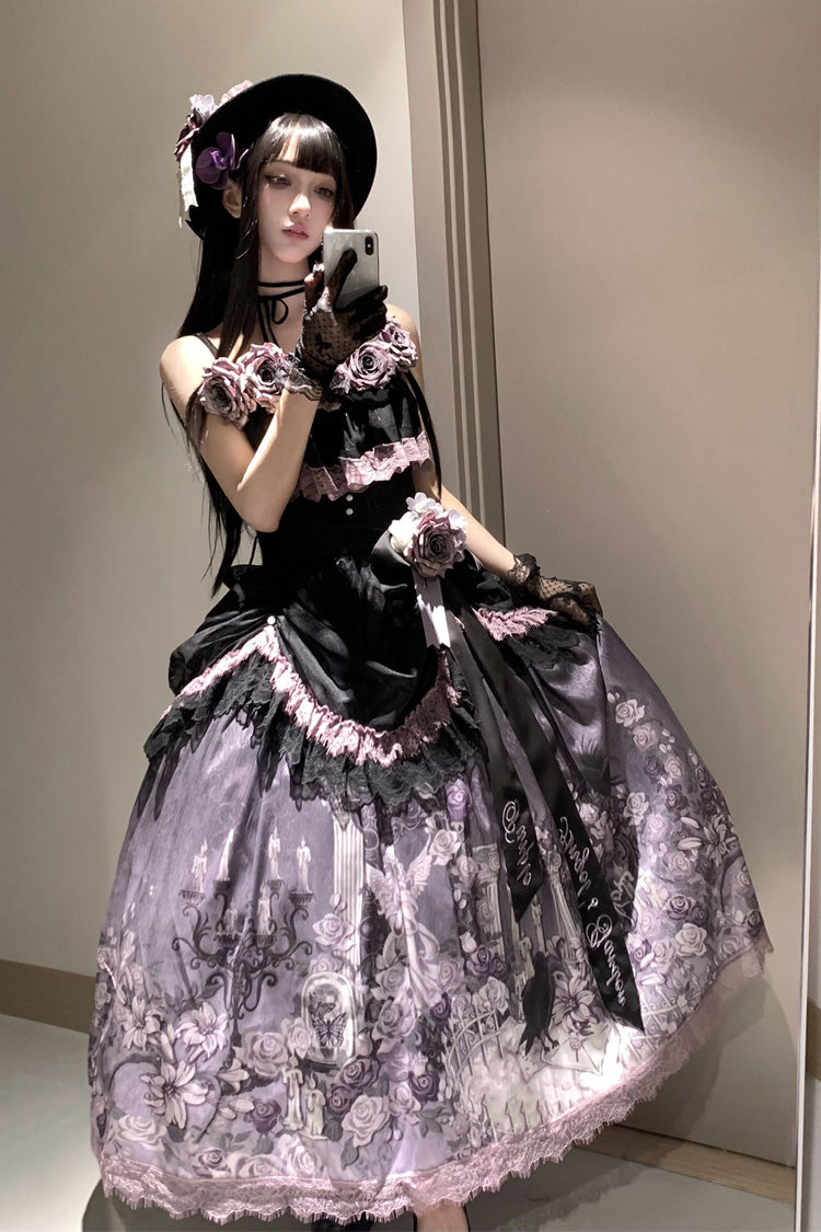Black/Purple Angel Garden Sleeveless Print Ruffle Bowknot Lace Sweet Gothic Lolita Skirt Set