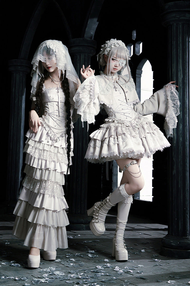 Solid Color Bionic Doll Square Collar Multi-Layered Ruffle Bowknot Lace-Up Gothic Lolita Short Skirt Corset Set