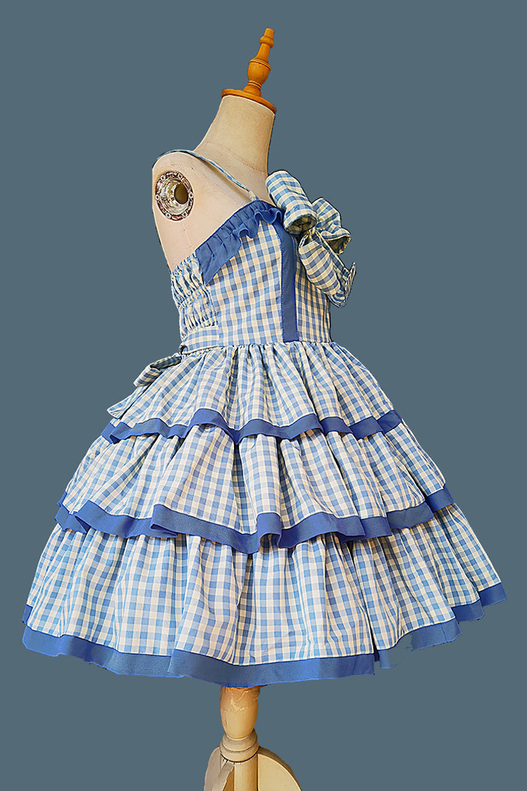 Blue Cloth Cat Triple-Layered Plaid Print Ruffle Bowknot Sweet Lolita Dress 2 Colors
