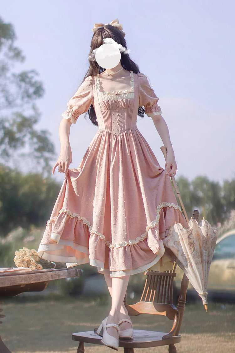 Pink Square Collar Short Puff Sleeves Ruffle Embroidery Sweet Elegant Lolita Dress