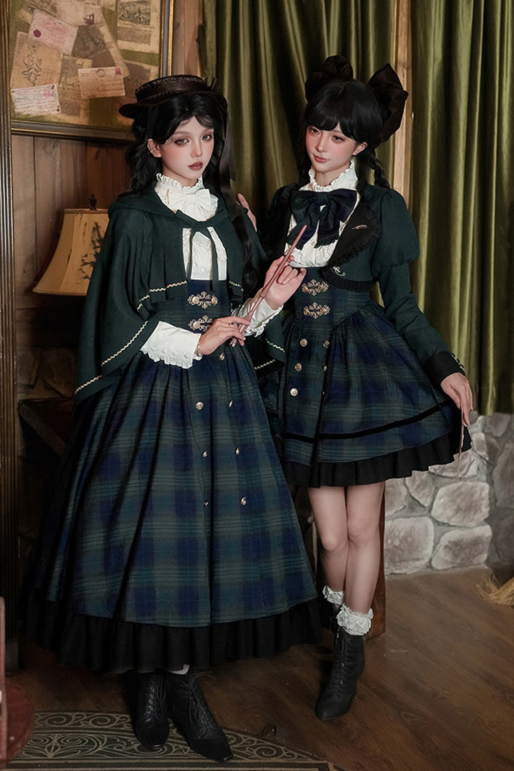 Blue/Green Berlin's letter Double-Layered Plaid Print Ruffle Bowknot Classic College Style Lolita Strap Dress Set 2 Versions