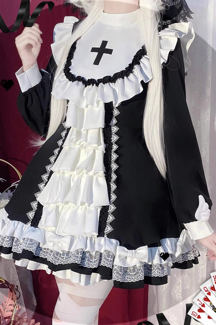 White/Black Long Sleeves Multi-layer Cross Print Nun Style Ruffle Gothic Lolita Dress