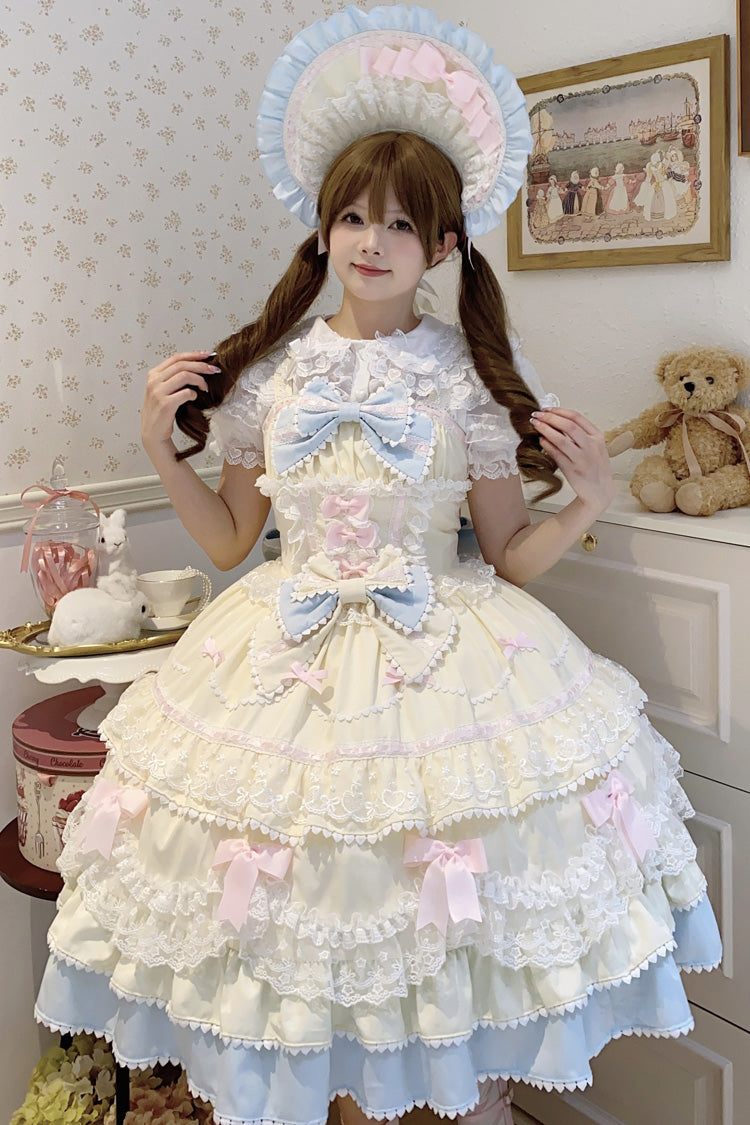 Yellow/Blue Fondant Cake Sleeveless Multi-Layered Ruffle Bowknot Lace Sweet Lolita Jsk Dress