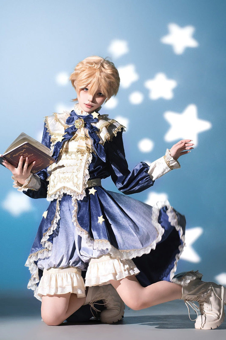 Blue Long Sleeves Ombre Ruffled Bow Ouji Gothic Lolita Swallowtail Dress Shorts Set