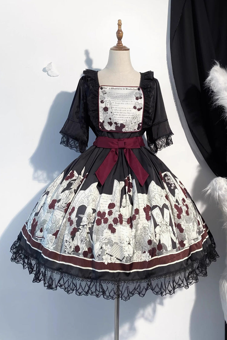 Black Alice of the Asylum Print Bowknot Lace Gothic Lolita Dress 2 Versions