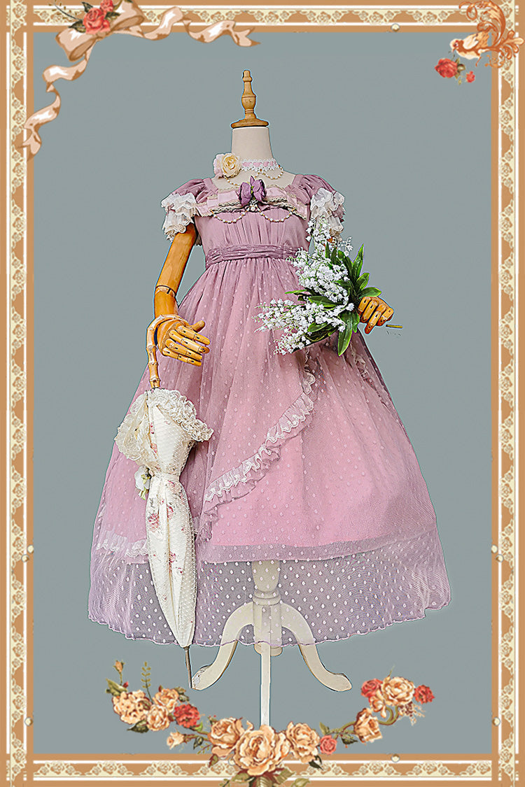 Pink Moon goddess *Mediana* Polka Dot Print Ruffle Bowknot Asymmetric Sweet Elegant Lolita Dress