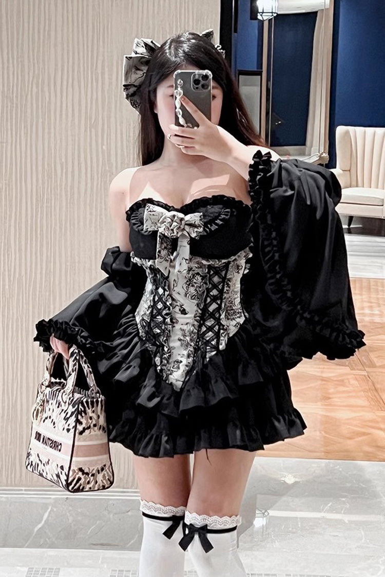 Black Gentle Treasure Print Ruffle Embroidery Bowknot Gothic Princess Lolita Strapless Dress