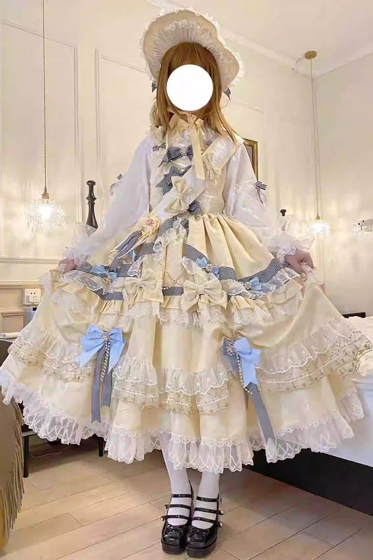 Gold Long Sleeves Multi-Layered Ruffle Bowknot Lace Sweet Princess Lolita Dress