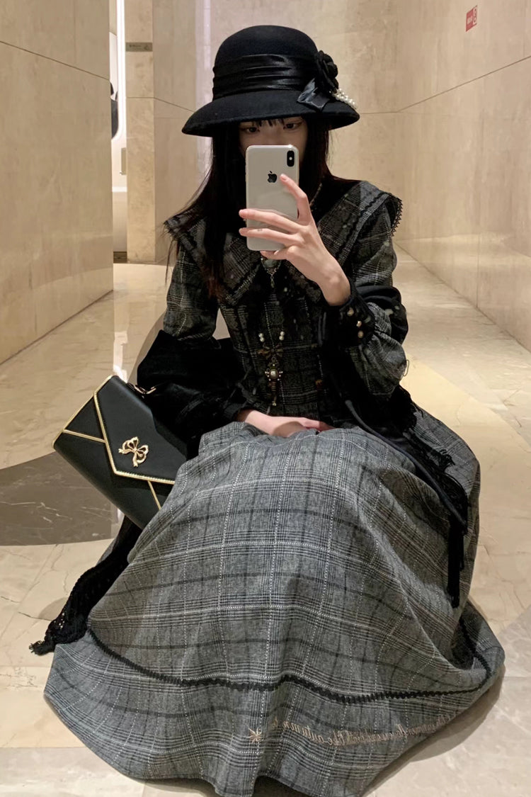 Grey Fontainebleau Long Sleeves Plaid Print Bowknot Elegant Sweet Lolita Dress