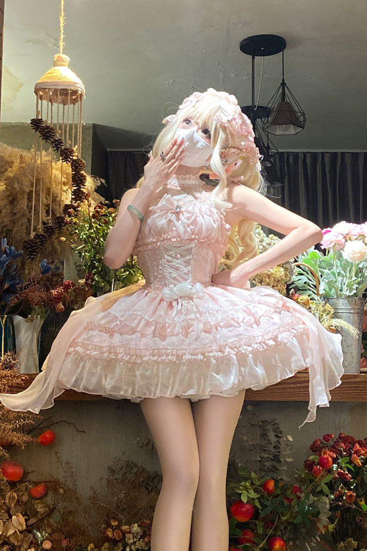 Pink Halterneck Triple-Layered Bowknot Lace Sweet Lolita Jsk Dress