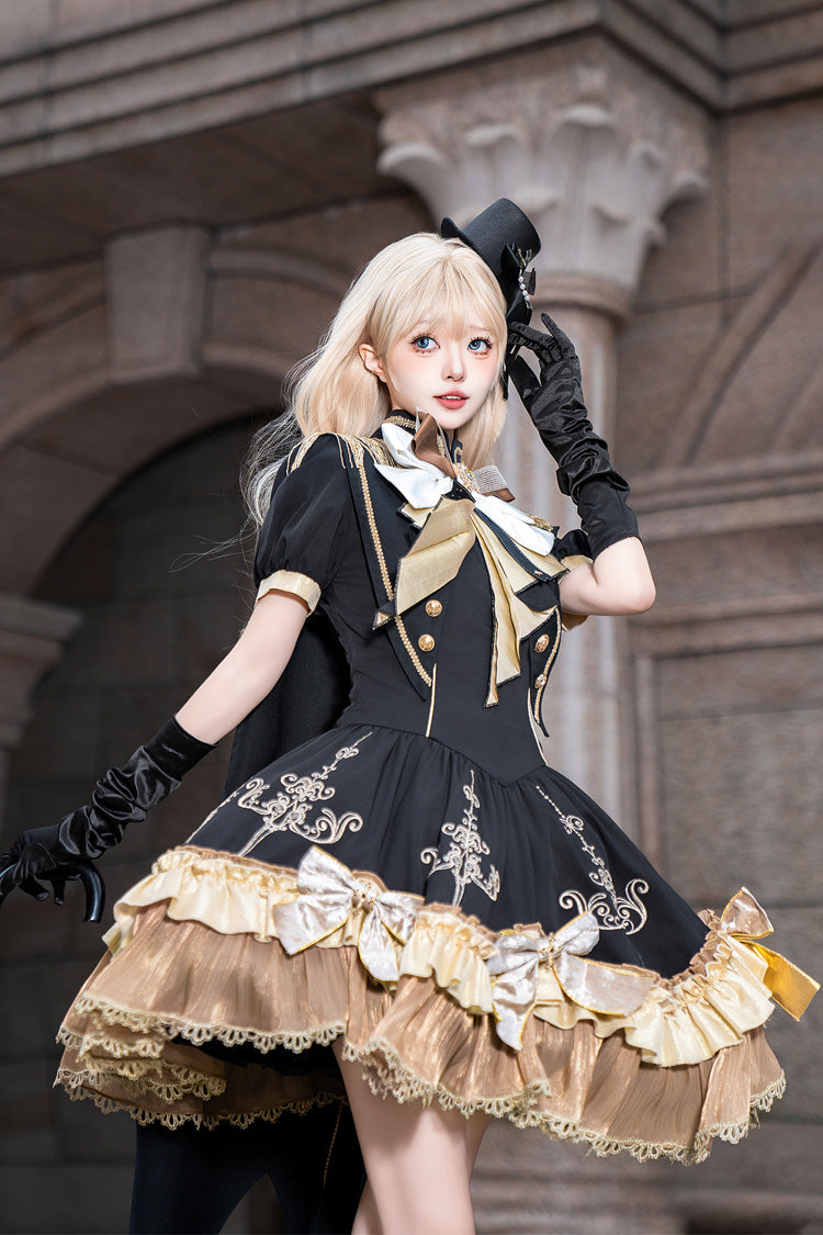 Black Gilded Oath Short Sleeves Double-Layered Ruffle Embroidery Bowknot Gothic Lolita Dress