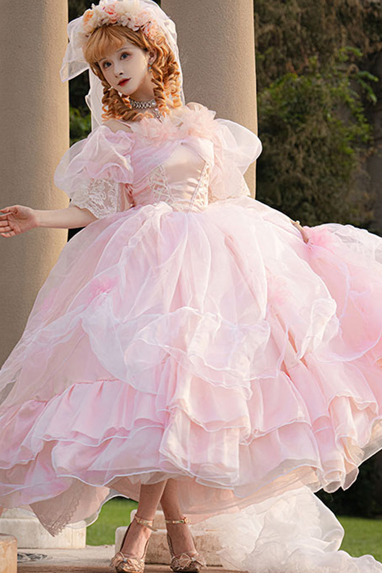 Pink Off Shoulder Short Sleeves Multi-Layered Ruffle Hanayome Bowknot Lace Sweet Plus Size Lolita Dress